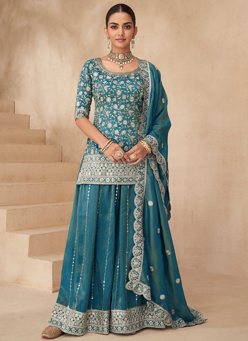 Blue Shimmer Silk Embroidered Sequins Zari Beads Palazzo Suit Festive Wear