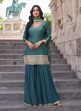 Teal Blue Shimmer Silk Gota Embroidered Sequins Palazzo Suit With Printed Dupatta