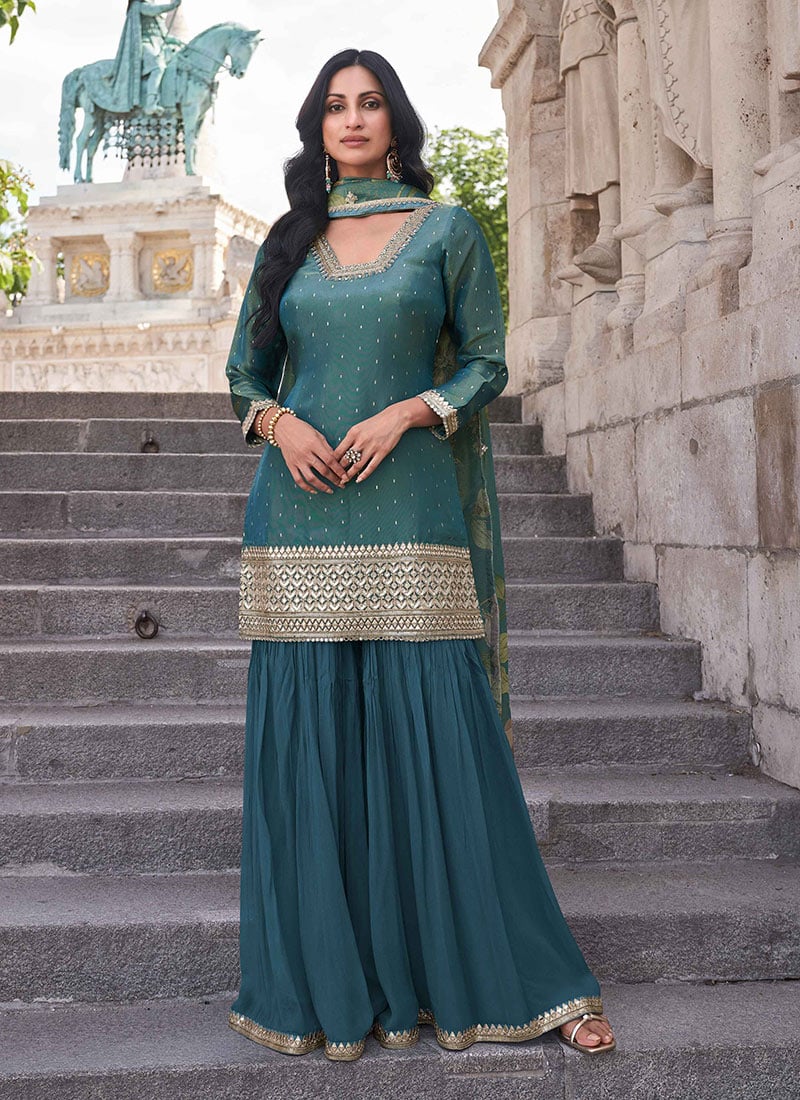 Teal Blue Shimmer Silk Gota Embroidered Sequins Palazzo Suit With Printed Dupatta Festive Wear