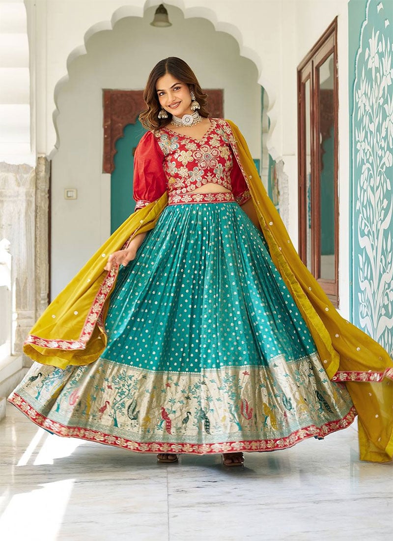 Blue Shimmer Silk Jacquard Embroidered Sequins Umbrella Lehenga