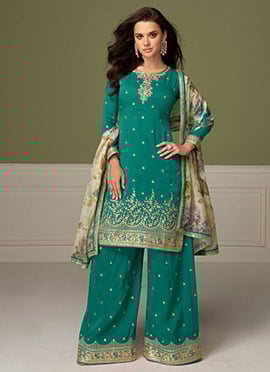 Blue Shimmer Silk Sequins Embroidered Palazzo Suit
