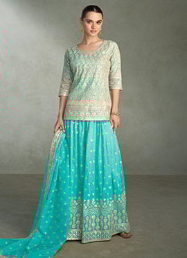 Blue Shimmer Silk Zari Embroidered And Sequined Palazzo Suit