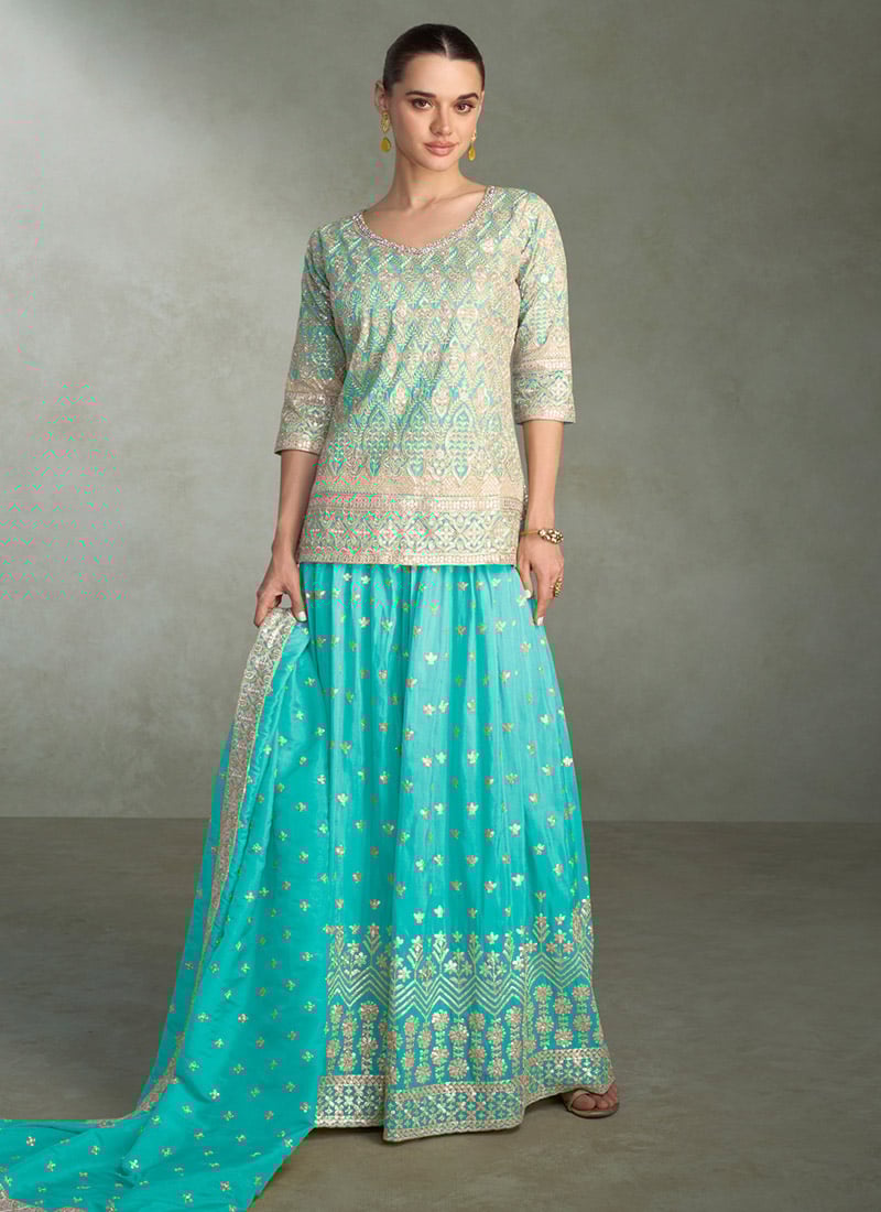 Blue Shimmer Silk Zari Embroidered And Sequined Palazzo Suit Festive Wear