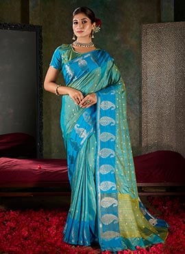 Blue Shimmer Tussar Silk Jacquard Zari Saree