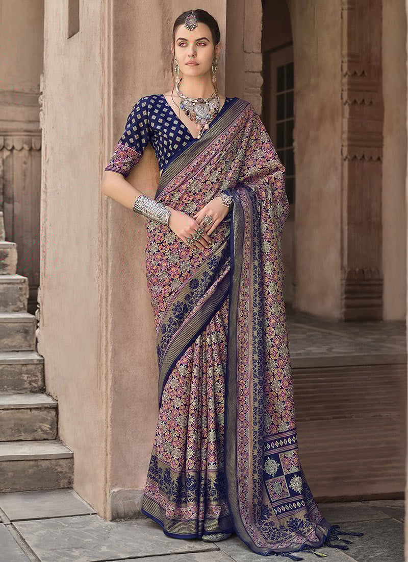 Blue Silk Ajrakh Printed Saree