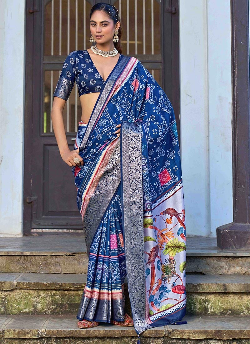 Blue Silk Bandhini Ajrakh Print Saree