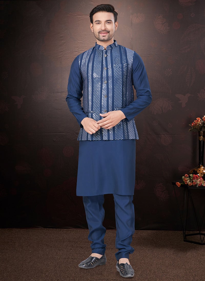 Chic Blue Silk Sequins Embroidered Bandi Set