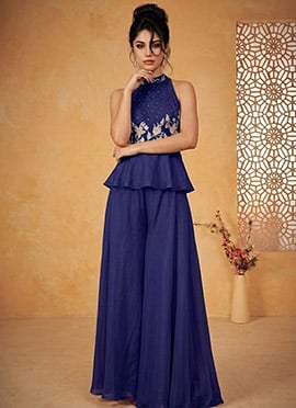 Blue Silk Beaded Hand Embroidered Indowestern Peplum Palazzo Suit