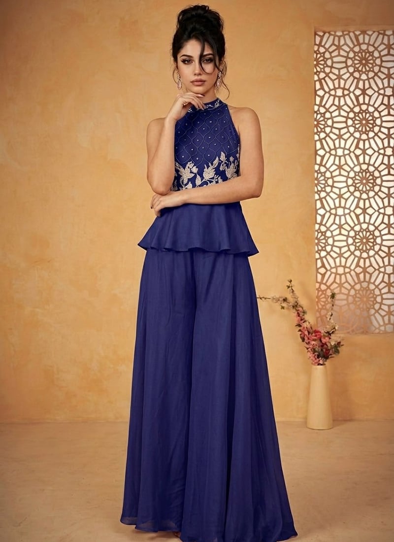 Blue Silk Beaded Hand Embroidered Indowestern Peplum Palazzo Suit Wedding Wear