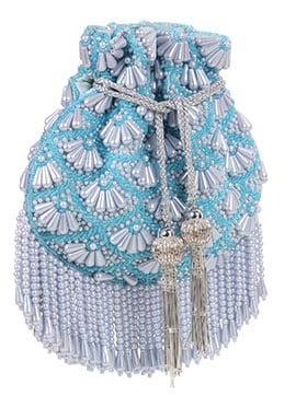 Blue Silk Beads And Moti Embossed Potli