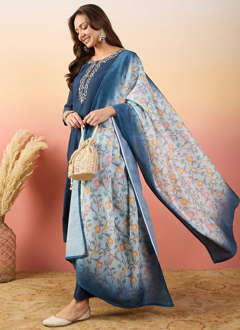 Blue Silk Beads Embroidered Digital Print Palazzo Suit Festive Wear