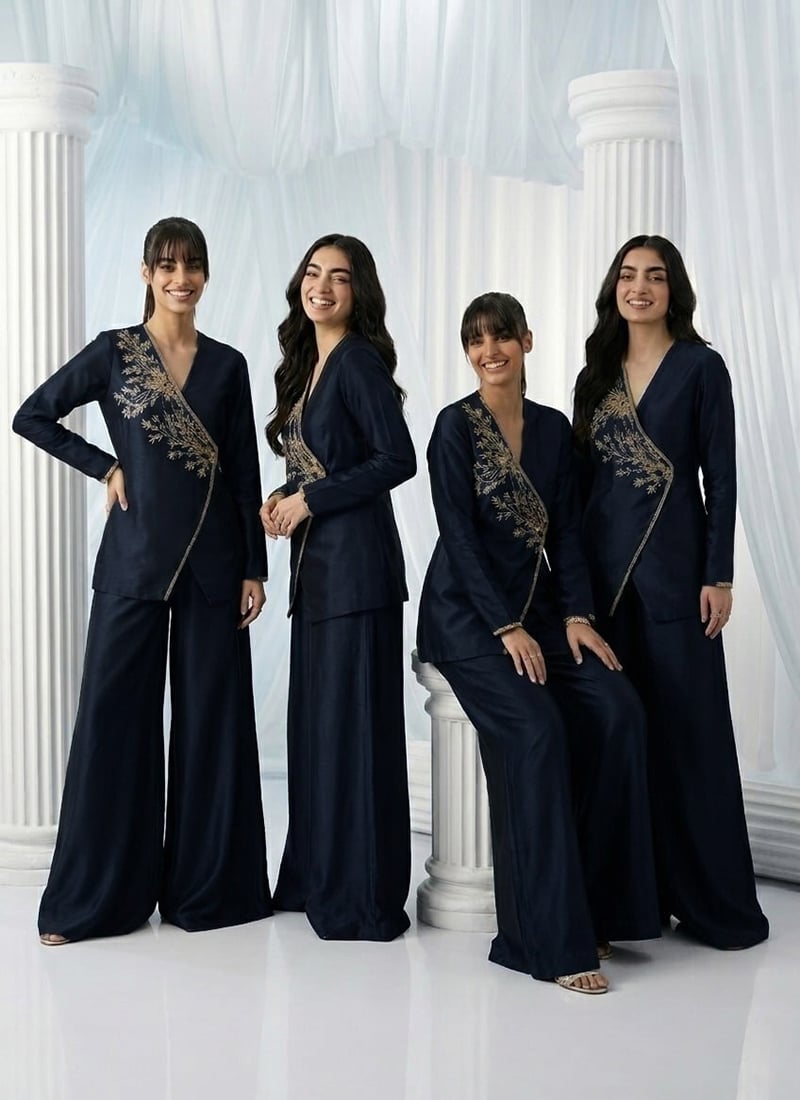 Blue Silk Beads Hand Embroidered Indowestern Angrakha Palazzo Set Wedding Wear
