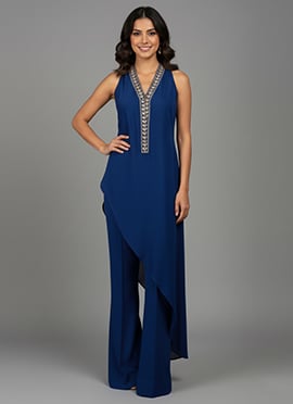 Blue Silk Beads Hand Embroidered Sequins Indowestern Palazzo Set