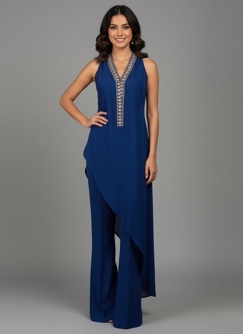 Blue Silk Beads Hand Embroidered Sequins Indowestern Palazzo Set After Six Wear