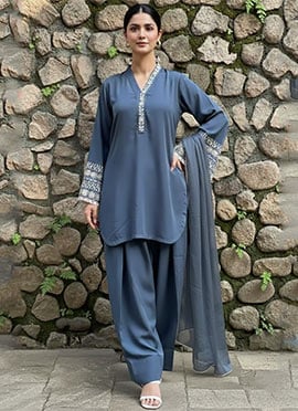 Blue Silk Beads Stones Hand Embroidered Farshi Style Salwar Suit