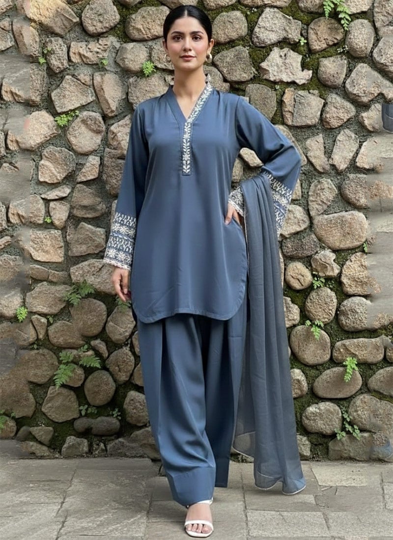 Blue Silk Beads Stones Hand Embroidered Farshi Style Salwar Suit Festive Wear