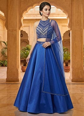 Blue Silk Beads Stones Hand Embroidered Lehenga