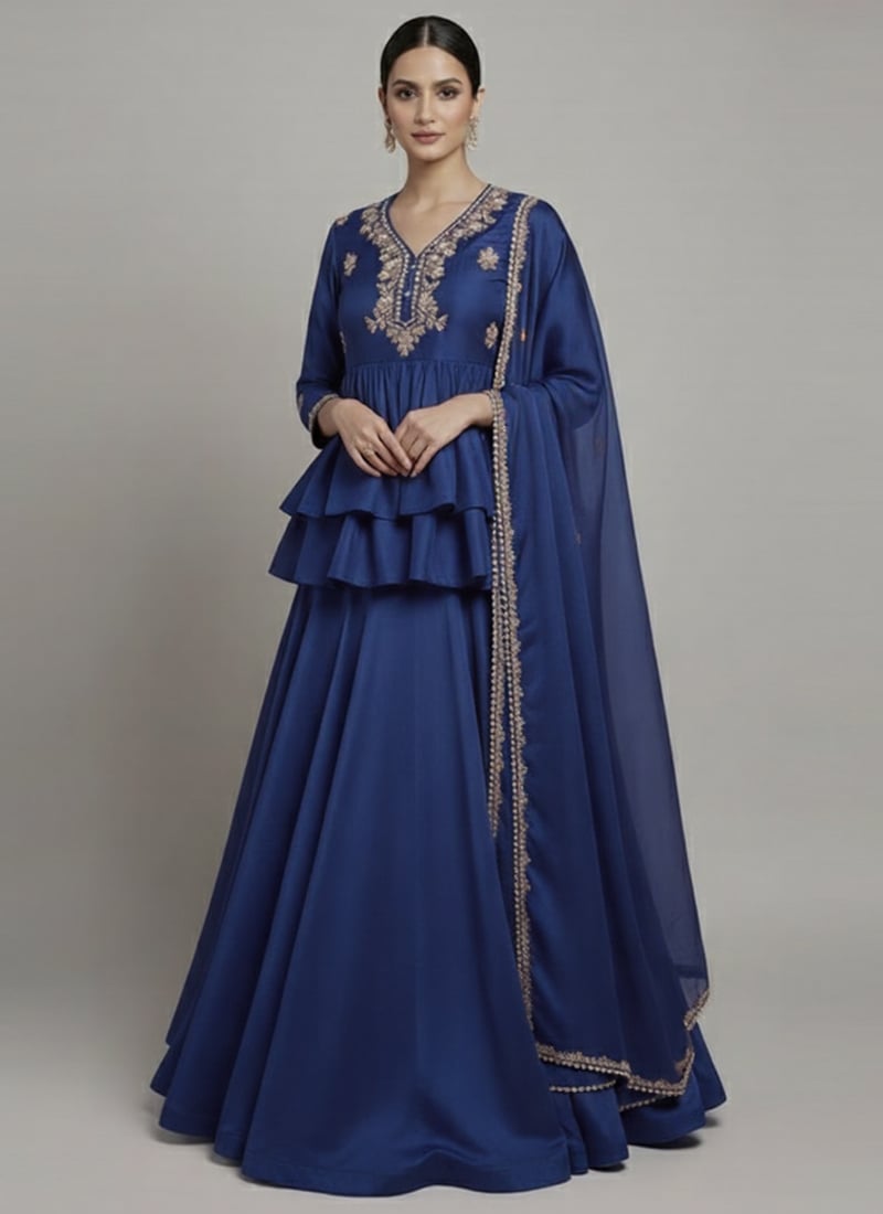 Blue Silk Beads Stones Zari Hand Embroidered A Line Lehenga Festive Wear