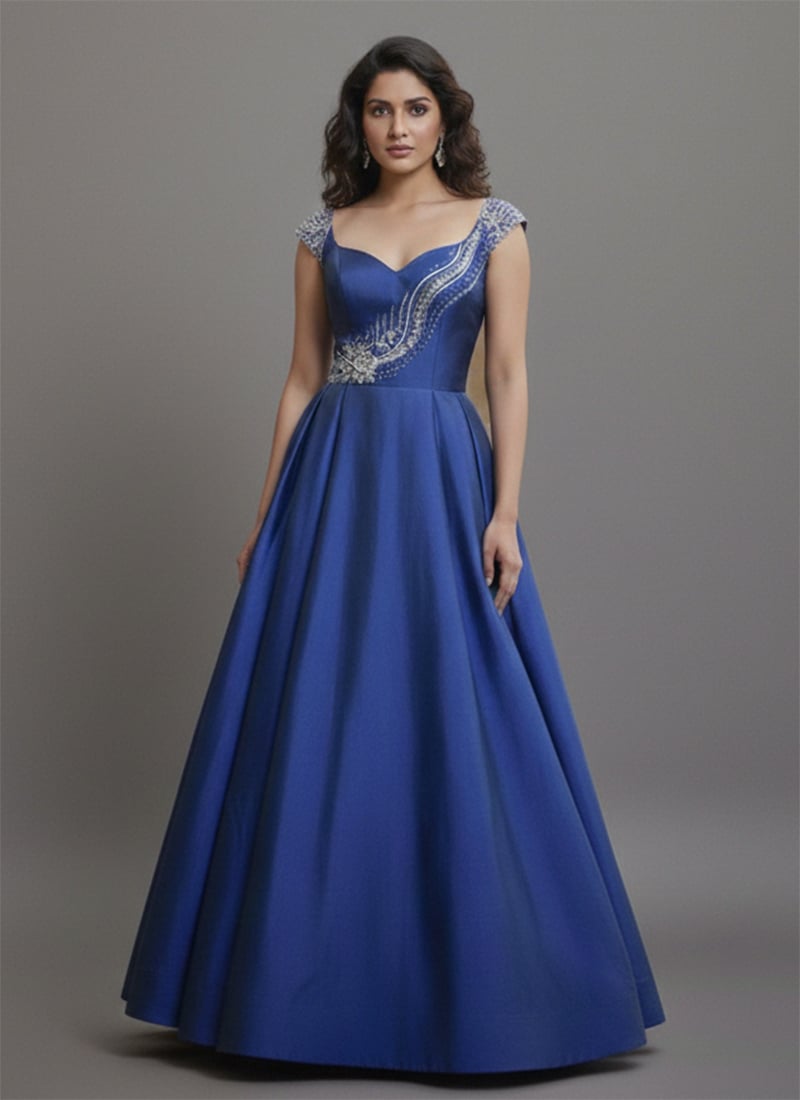 Blue Silk Beads Zari Stones Anarkali Gown After Six Wear