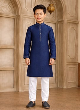 Blue Silk Brocade Kids Boys Kurta Pyjama