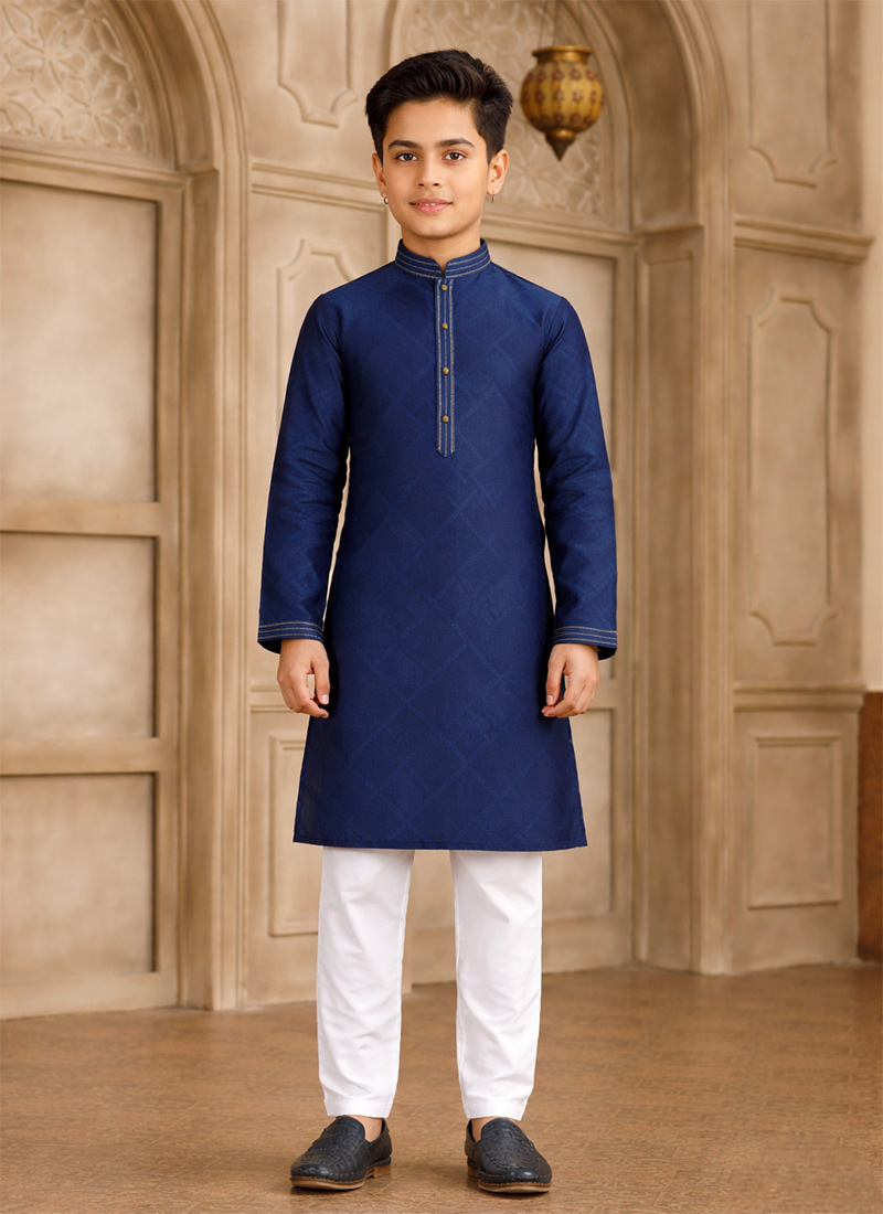 Blue Silk Brocade Kids Boys Kurta Pyjama Festive Wear