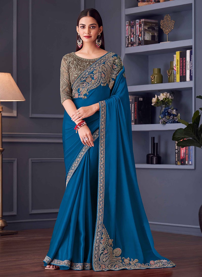 Blue Silk Chiffon Embroidered Sequins Saree Festive Wear