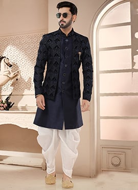 Blue Silk Classic Sherwani Jacquard Zari Embroidered Sequins Jacket With Dhoti Pants