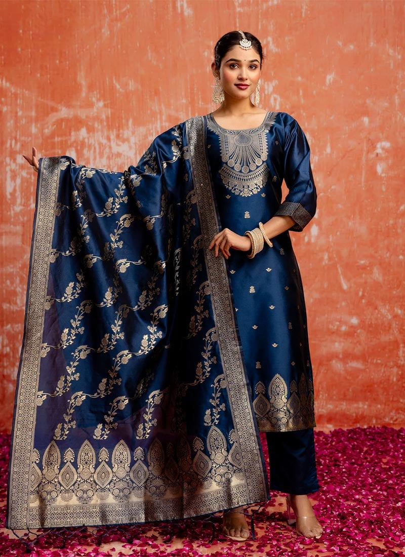 Blue Silk Cotton Jacquard Straight Pant Suit