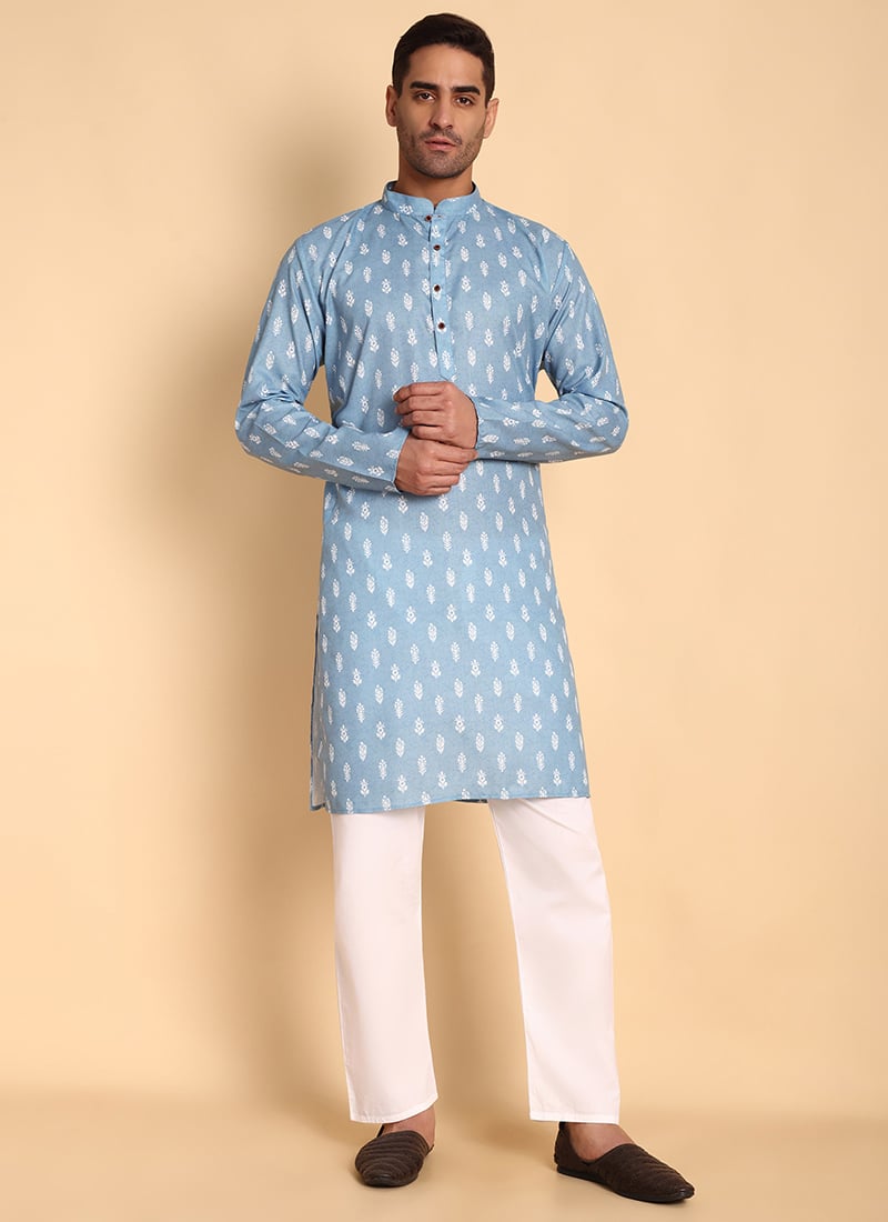 Blue Silk Cotton Printed Kurta Pyjama Festive Wear