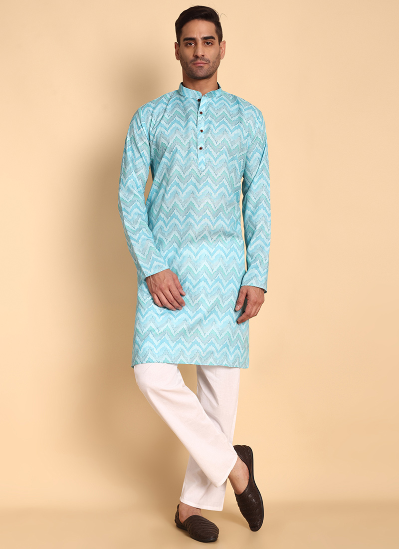 Blue Silk Cotton Printed Kurta Pyjama Festive Wear