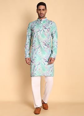 Blue Silk Cotton Printed Kurta Pyjama