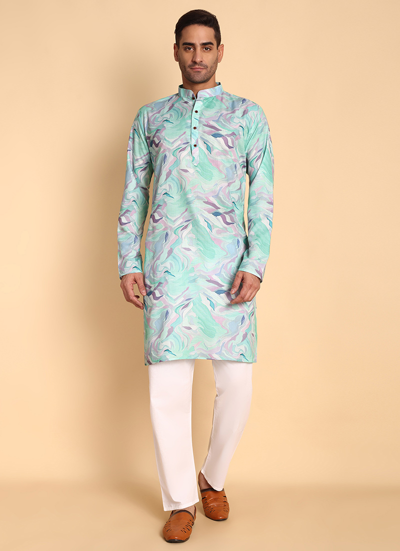Blue Silk Cotton Printed Kurta Pyjama Festive Wear