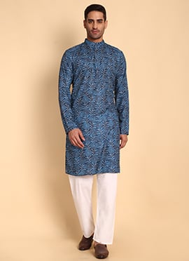 Blue Silk Cotton Printed Kurta Pyjama