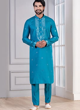 Blue Silk Cotton Sequins Kurta Pyjama