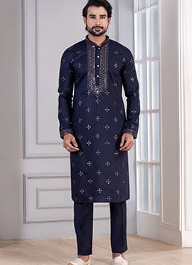 Blue Silk Cotton Sequins Kurta Pyjama