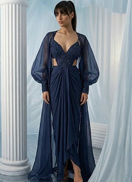 Blue Silk Cut Dana Zarkan Hand Embroidered Indowestern Skirt Jacket Set