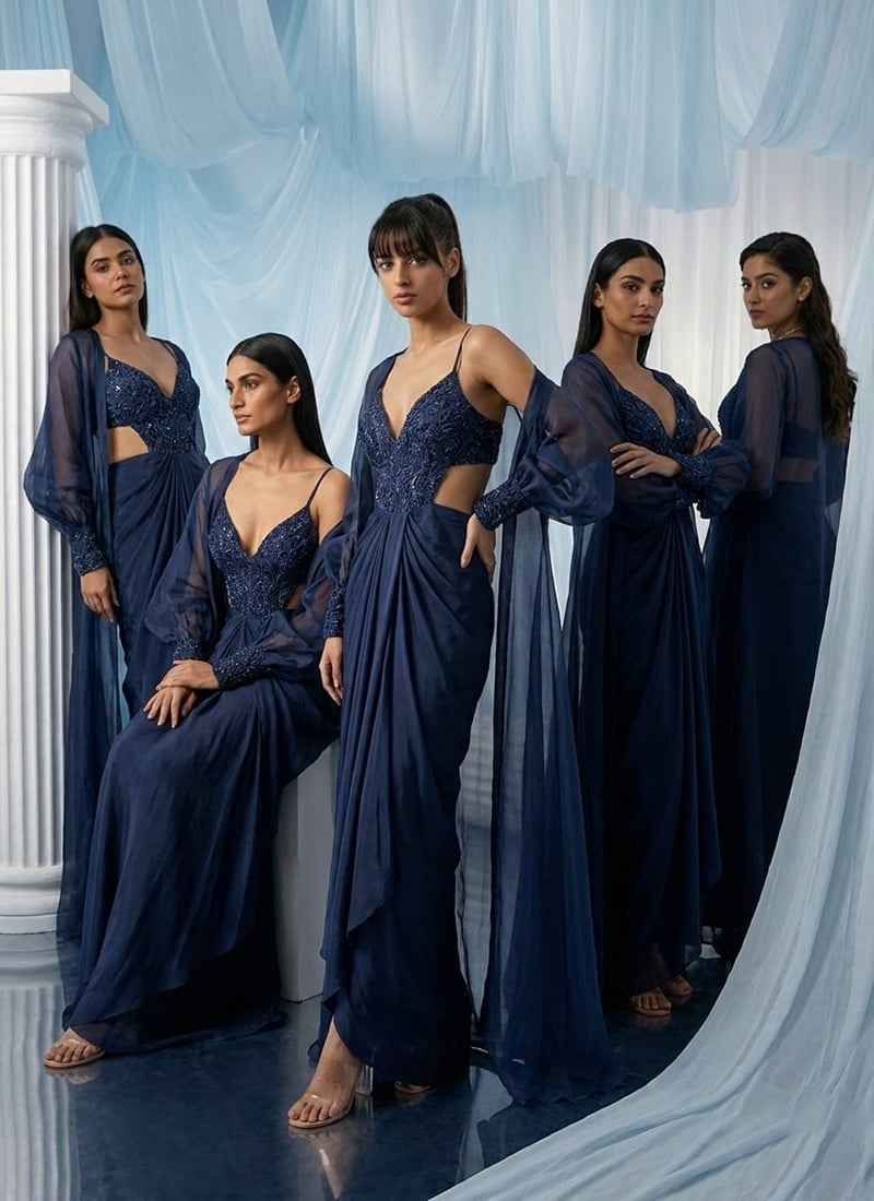 Blue Silk Cut Dana Zarkan Hand Embroidered Indowestern Skirt Jacket Set Wedding Wear