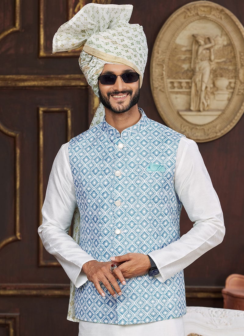 Blue Silk Digital Print Bandhagala Jacket