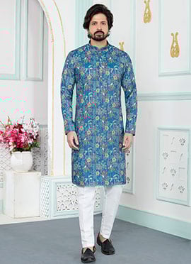 Blue Silk Digital Print Classy Mens Kurta
