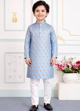 Blue Silk Digital Print Kids Boys Classic Kurta Pyjama
