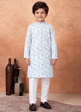 Blue Silk Digital Print Kids Boys Classy Kurta Pyjama