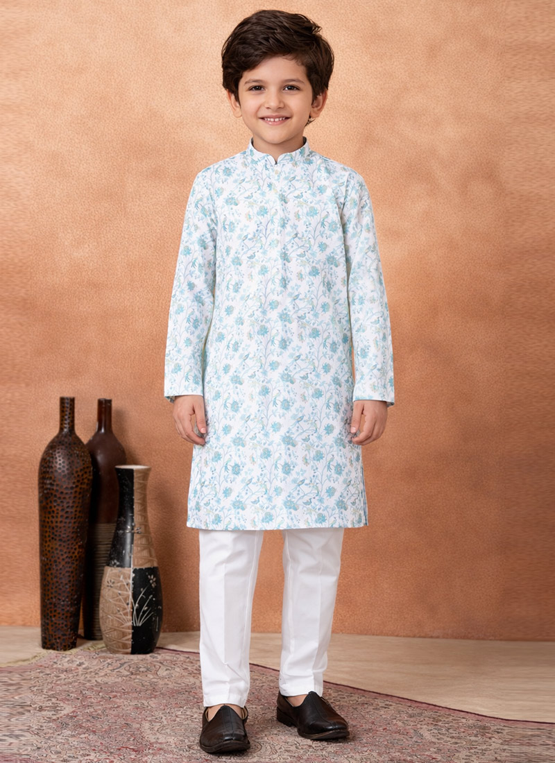 Blue Silk Digital Print Kids Boys Classy Kurta Pyjama Festive Wear