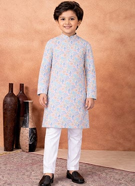 Blue Silk Digital Print Kids Boys Classy Kurta Pyjama