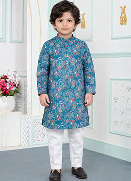 Blue Silk Digital Print Kids Boys Elegant Kurta Pyjama