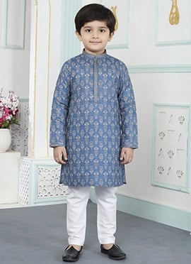 Blue Silk Digital Print Kids Boys Kurta Pyjama