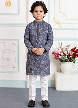 Blue Silk Digital Print Kids Boys Kurta Pyjama