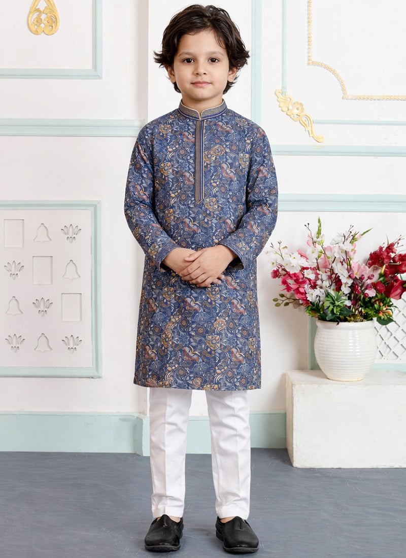 Blue Silk Digital Print Kids Boys Kurta Pyjama Festive Wear