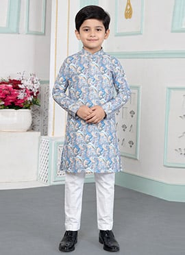Blue Silk Digital Print Kids Boys Kurta Pyjama