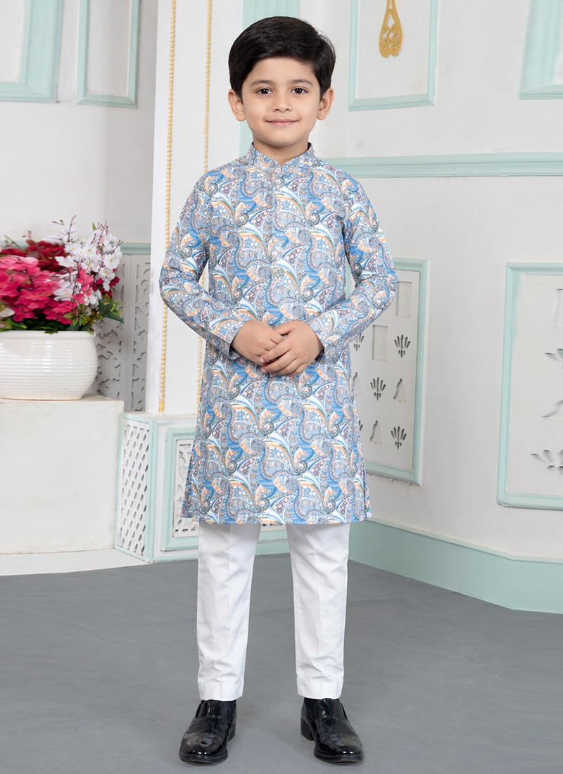 Blue Silk Digital Print Kids Boys Kurta Pyjama Festive Wear