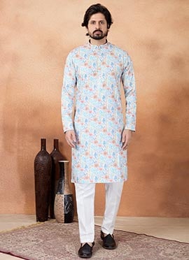 Blue Silk Digital Print Kurta Pyjama